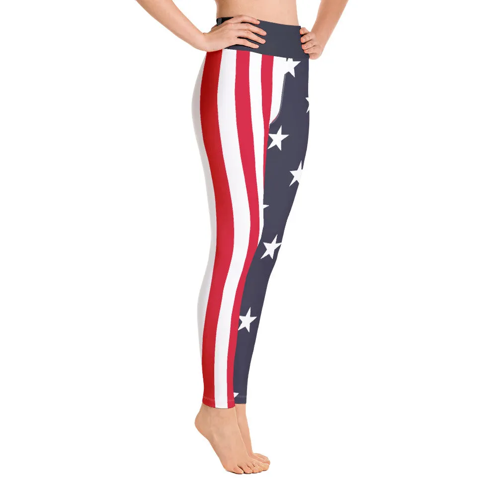 American Flag Leggings, Red, White & Blue, Printed Patriotic America Stars and Stripes, Made in USA Yoga High Waist Leggings