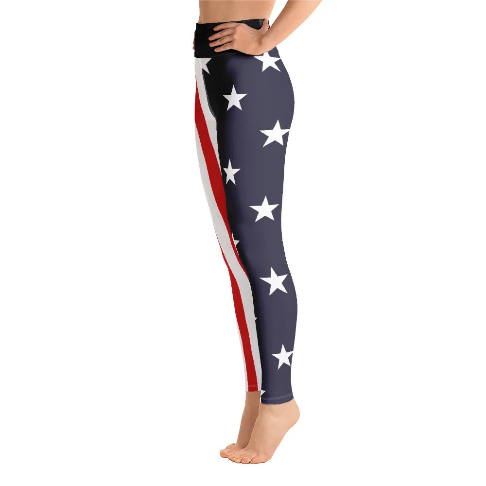 American Flag Leggings, Red, White & Blue, Printed Patriotic America Stars and Stripes, Made in USA Yoga High Waist Leggings