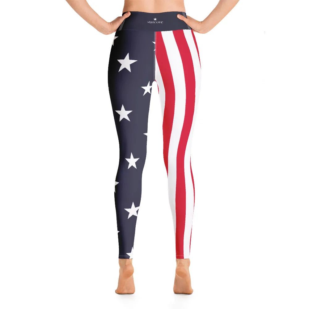 American Flag Leggings, Red, White & Blue, Printed Patriotic America Stars and Stripes, Made in USA Yoga High Waist Leggings