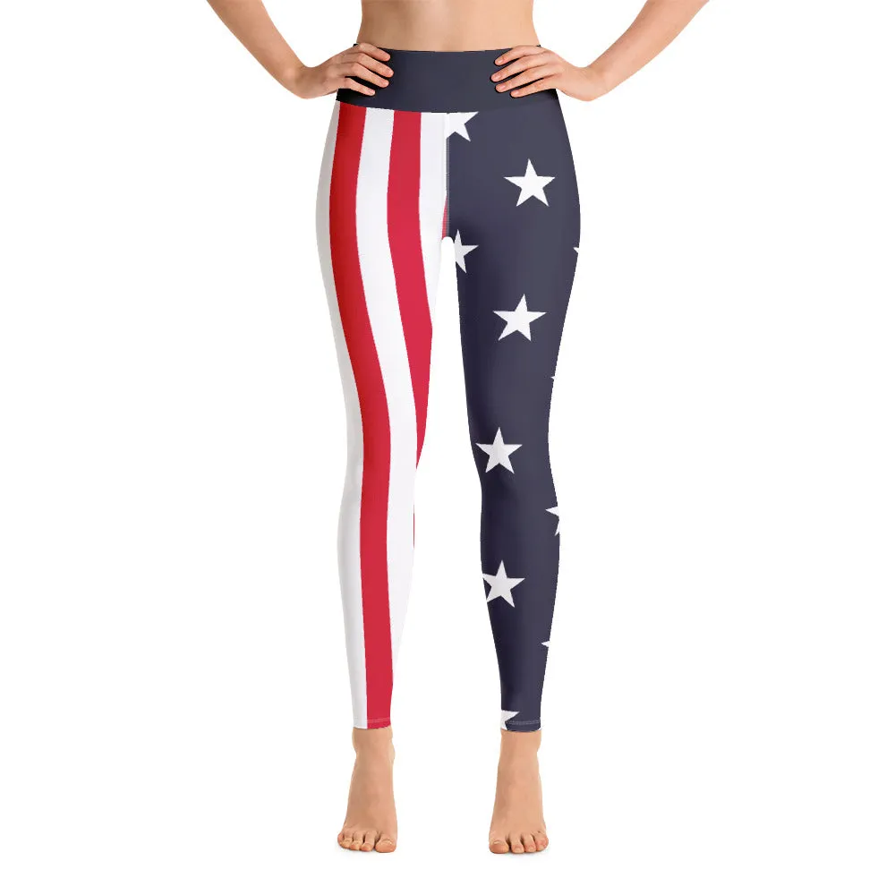 American Flag Leggings, Red, White & Blue, Printed Patriotic America Stars and Stripes, Made in USA Yoga High Waist Leggings