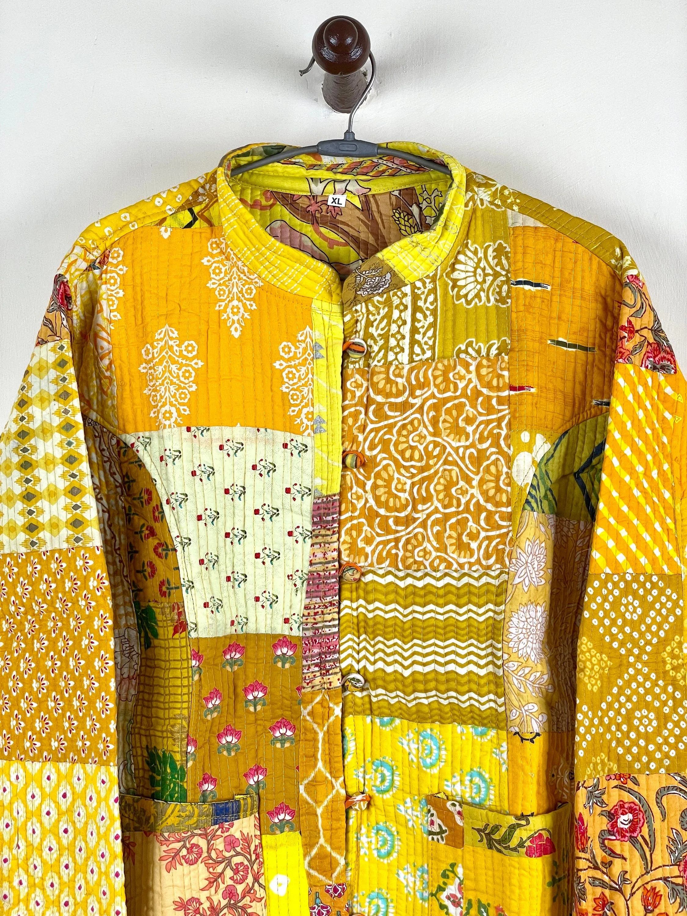 Indian Handmade Quilted Cotton Fabric Jacket Stylish Yellow Women's Coat, Reversible Waistcoat for Her