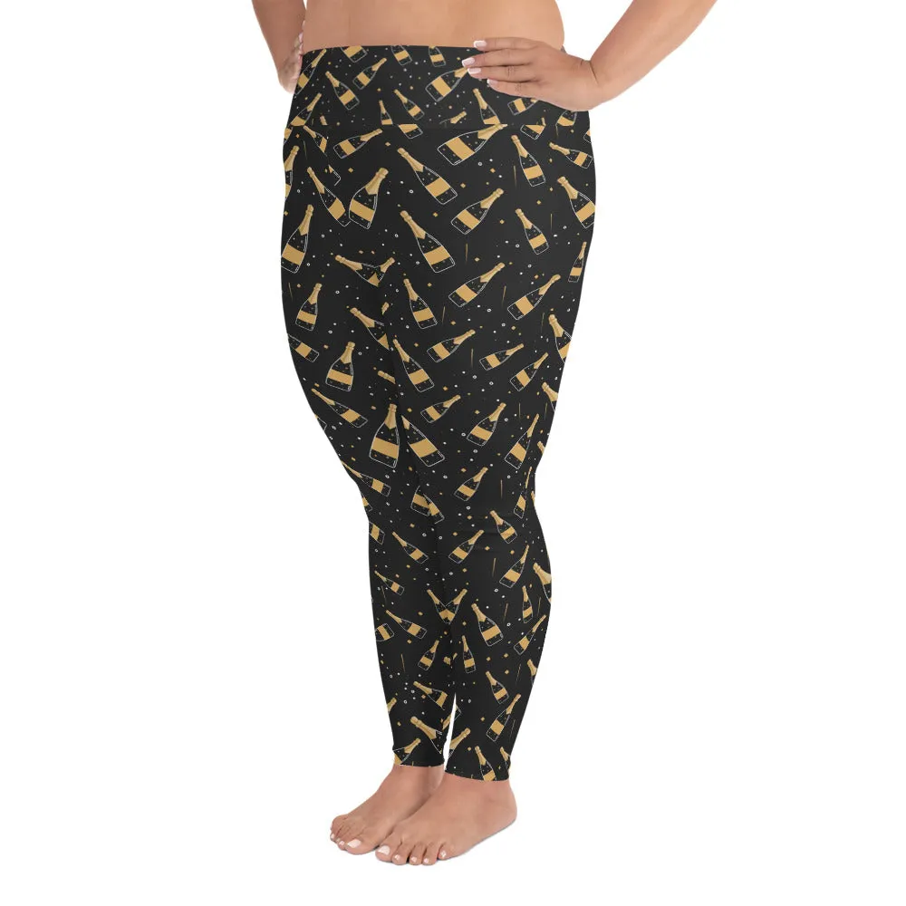 Plus Size Leggings, Champagne Bottle Print Printed Workout Running Bachelorette Designer Fun Party Yoga Pants, 2XL 3XL 4XL 5XL 6XL For Women