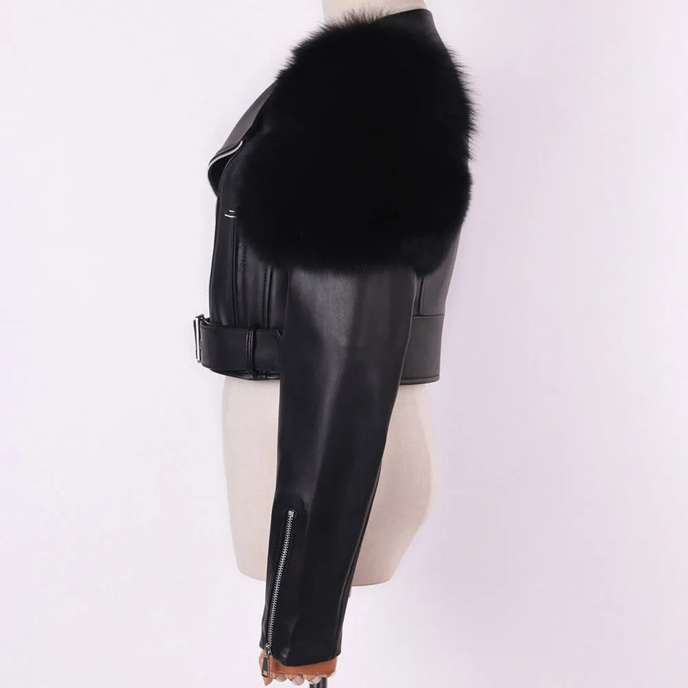 Shiny Leather Jacket Real Fox Fur Sleeve
